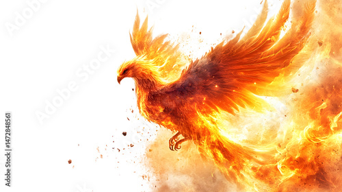 A powerful phoenix bird reborn from ashes, surrounded by intense flames, isolated on white background