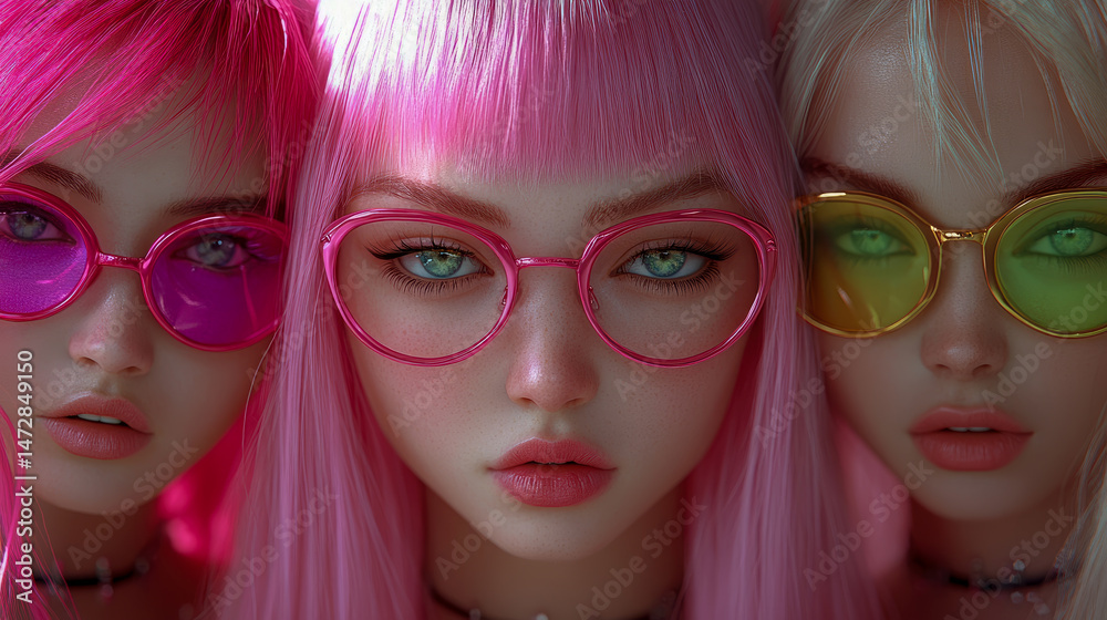 Fototapeta premium Pink Triptych: Fashionable Trio with Colorful Glasses, Stylish Bangs and Youthful Vibe, Perfect as Print for Teen Room or Unique Greeting Card