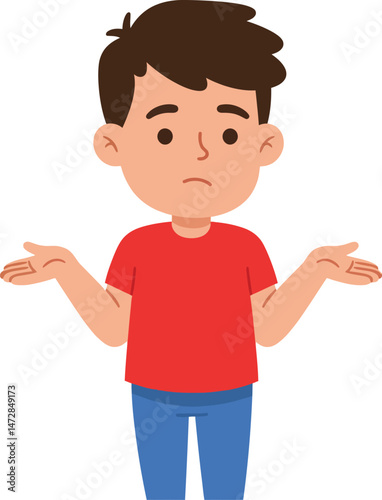 Boy shrugging shoulders in red shirt and blue pants puzzled confused expression vector illustration 