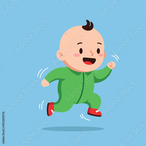 Happy baby boy jumping in green onesie with red shoes on blue background cheerful infant vector illustration 