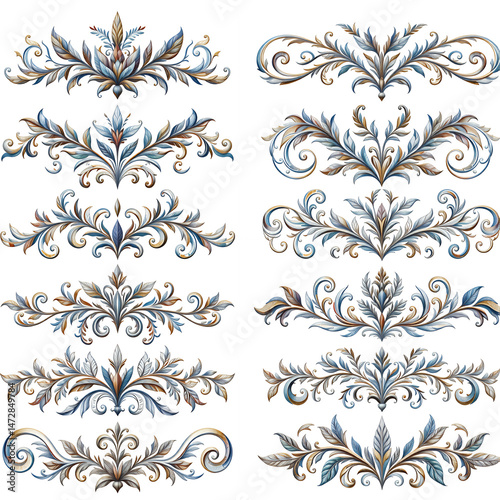 Set of vintage floral decorative elements. Ornate swirls and scrolls. Collection of ornamental elements for design