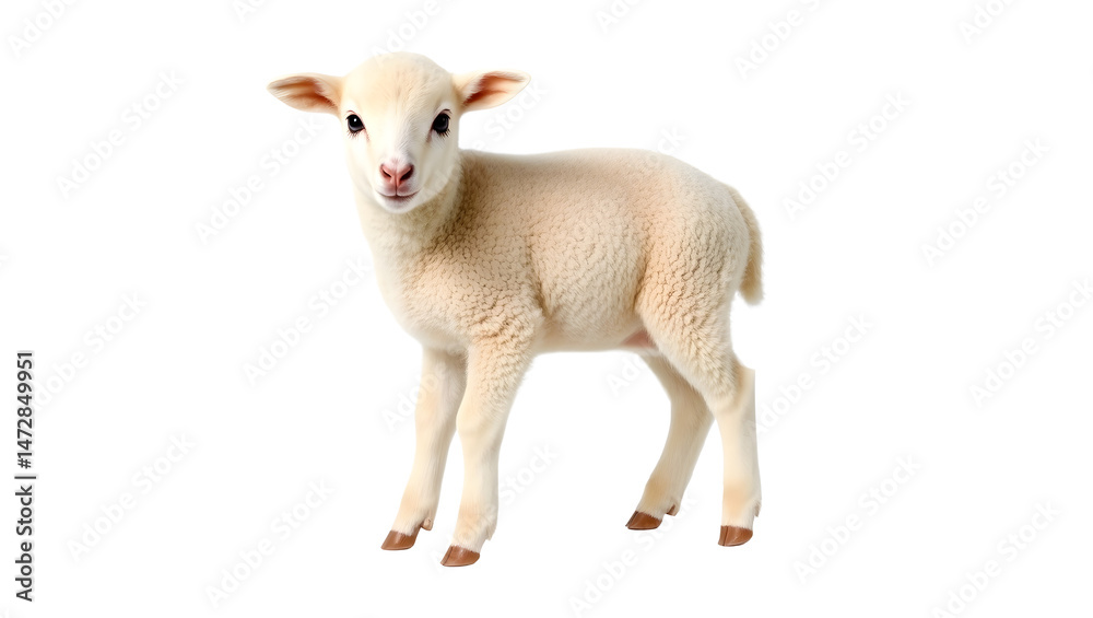 Fototapeta premium Young Sheep Gazing at Camera on Clear Transparent Background