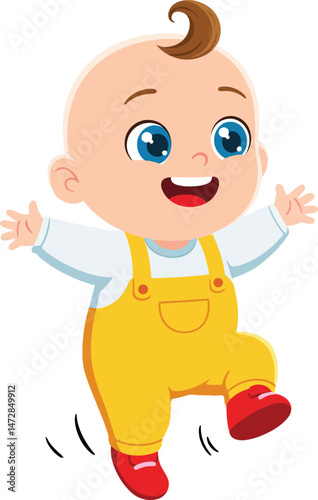 Happy baby boy in yellow overalls and red shoes walking with joy vector illustration 
