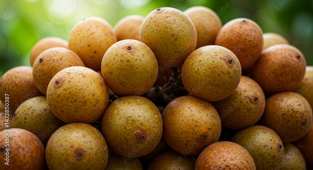 Pile Of Freshly Harvested Lanzones Fruit Against Green Foliage Backdrop Pile Of Freshly Harvested Lanzones Fruit Against Green Foliage Backdrop