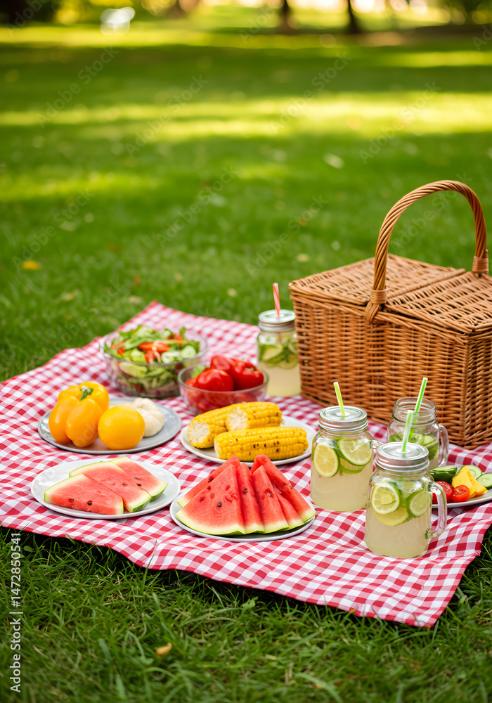 Summer outdoor picnic set in garden. Fresh fruits, vegetables, and limonade on red checkered blanket. Family and friend eating meal in nature with wicker basket and jar of homemade drink. Healthy food Summer outdoor picnic set in garden. Fresh fruits, vegetables, and limonade on red checkered blanket. Family and friend eating meal in nature with wicker basket and jar of homemade drink. Healthy food