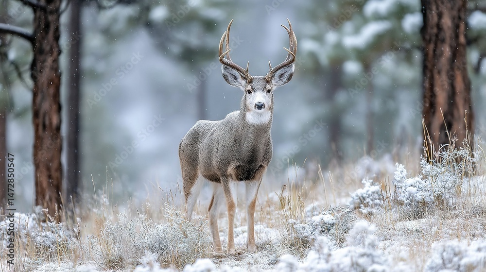 A deer stands amidst snow-covered trees in the heart of a winter forest A deer stands amidst snow-covered trees in the heart of a winter forest