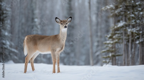 Wallpaper Mural   A deer stands in snow before a line of trees and a forest covered in snow Torontodigital.ca
