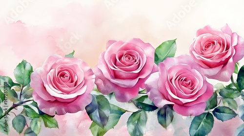 Elegant Pink Roses Watercolor Painting Floral Design Romantic Soft Pastel Flowers Botanical Art Nature Spring Blossom Pretty Delicate Beautiful Fresh Vibrant Blooming Petals Nature