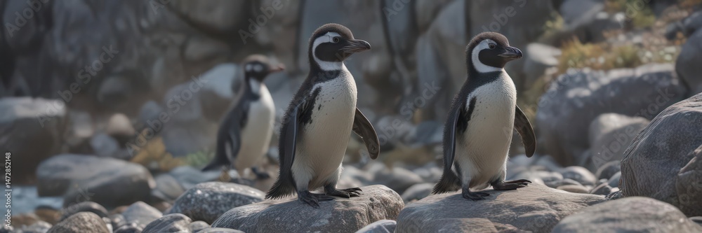 Naklejka premium Humboldt penguin chick amongst rocks near water's edge , bird, animal portrait, white