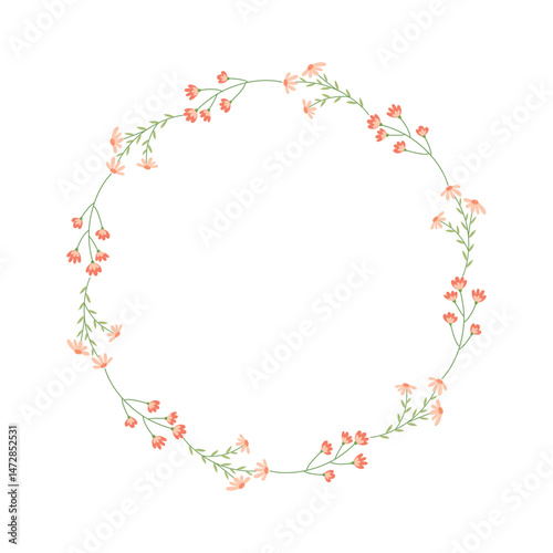 Delicate floral wreath with small hand drawn flowers on white background