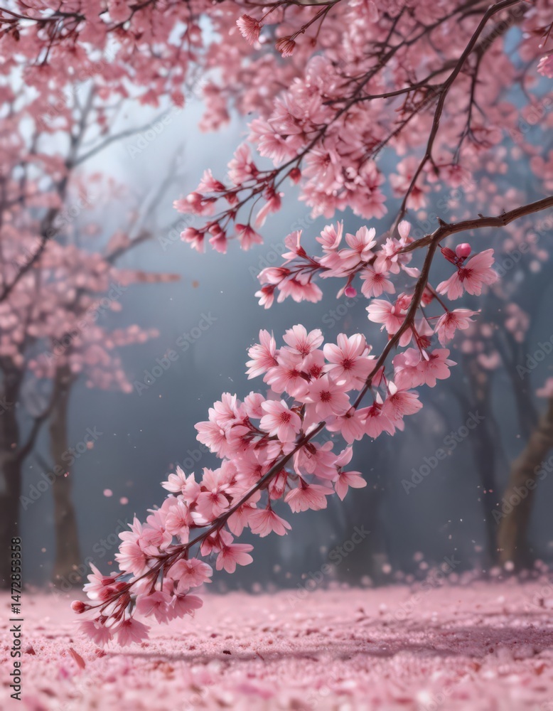 Fototapeta premium Mesmerizing pink sakura petal fall, soft focus background, bloom, japan