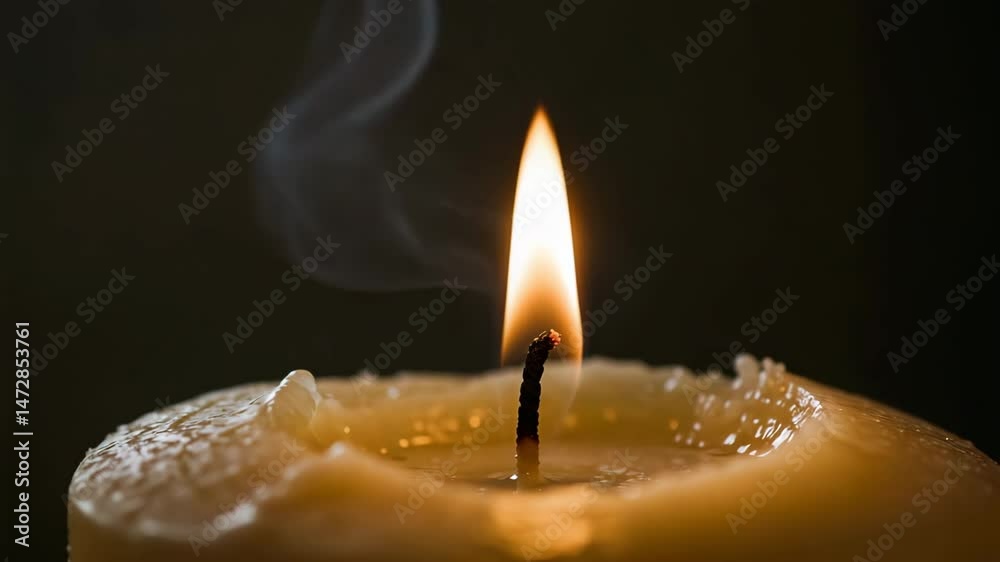 Close-up of burning candle flame with soft smoke in darkness, symbolic and spiritual concept