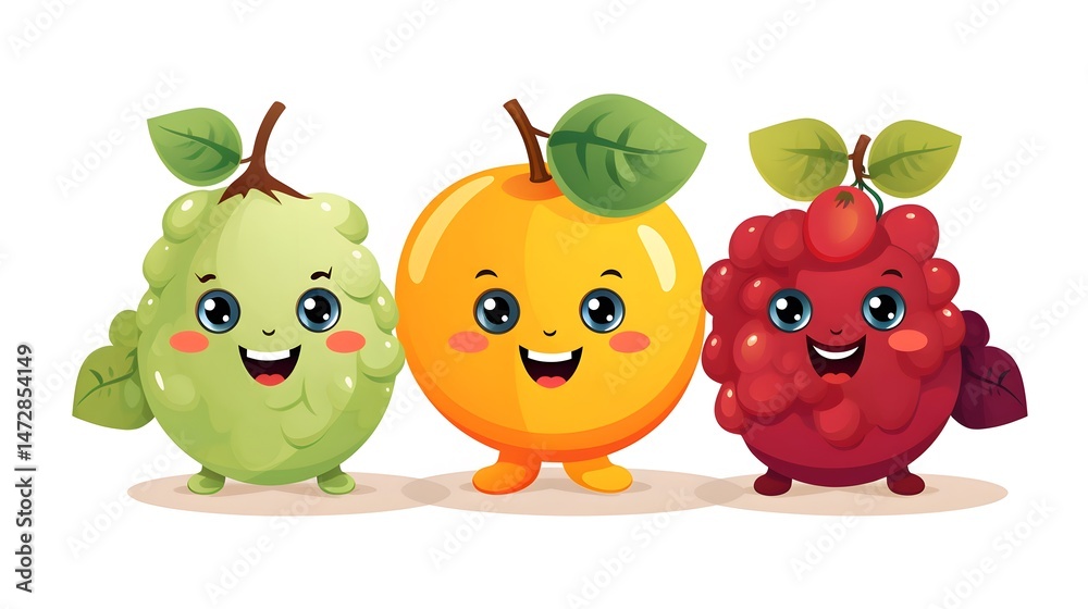 Obraz premium Whimsical Cartoon Illustration of Colorful Grape, Mandarin, and Pear Fruits for Creative Projects