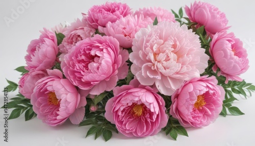 Vibrant pink peonies & roses bouquet White background Copy space , wedding, fresh, pink peonies