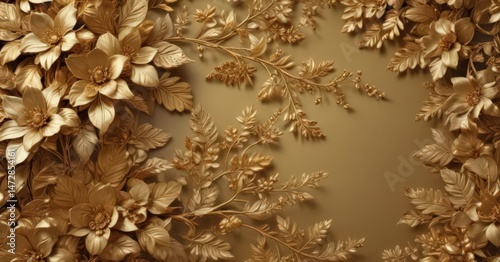 Luxurious gold floral backdrop, ornate leaves & blossoms,  leaves,  art,  floral