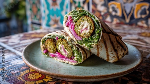  A detailed image of two halved burritos placed on top of one another
