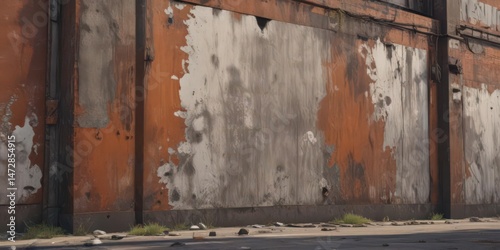 Distressed urban industrial scene; flaking paint, rusted accents , iron, abandoned