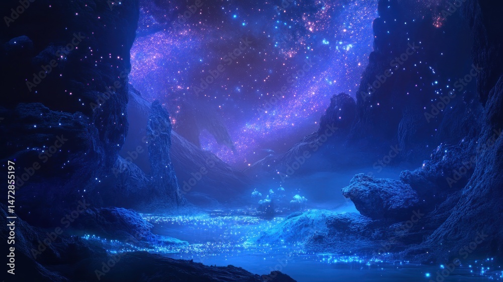 Fototapeta premium Mystical cave adorned with ethereal starlight in a surreal landscape