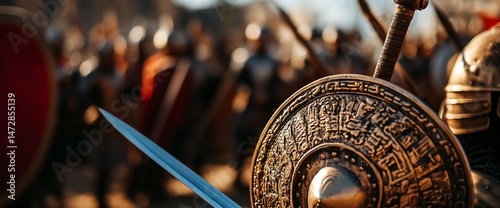 Ancient Warriors in Battle: A Close-up of Swords, Shields, and Armored Soldiers