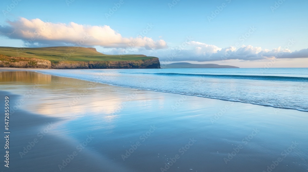 Obraz premium Tranquil coastal scenery with reflective shoreline and grassy bluffs