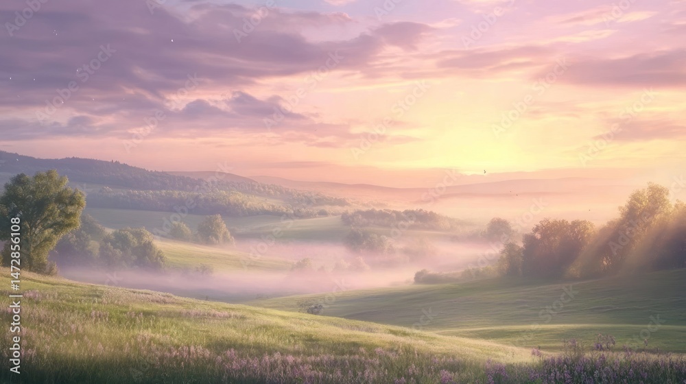 Obraz premium Dreamy dawn landscape with mist and soft light in rolling hills