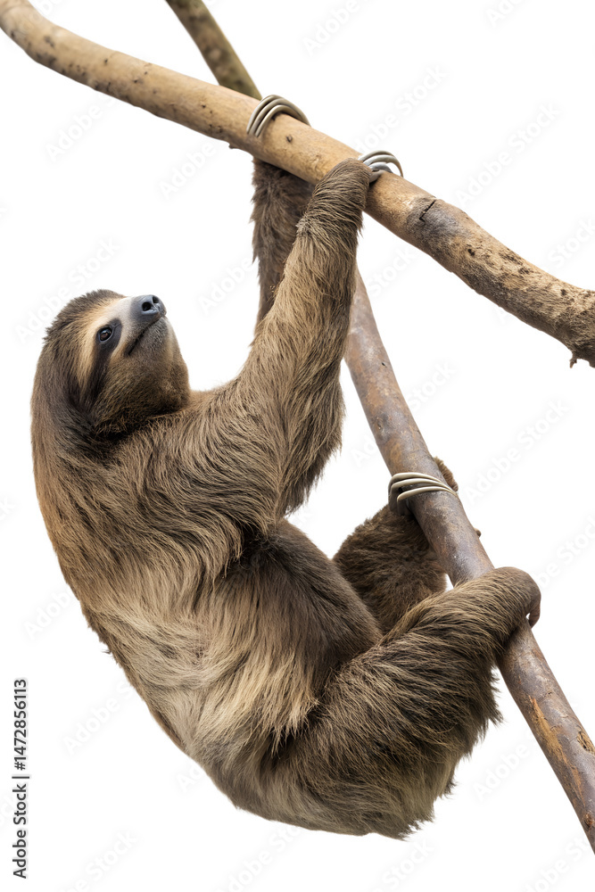 Fototapeta premium Cute sloth hanging upside down from a tree branch isolated, relaxed and sleepy with fuzzy fur and curved claws