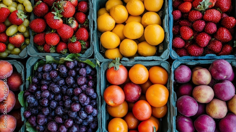 An abundance of vibrant fresh fruits displayed in baskets, showcasing seasonal varieties that evoke feelings of freshness, health, and nature's bounty for healthy living. An abundance of vibrant fresh fruits displayed in baskets, showcasing seasonal varieties that evoke feelings of freshness, health, and nature's bounty for healthy living.