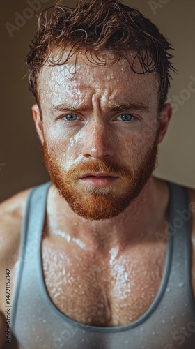 Intense Close-Up of Sweaty Red-Haired Man in Tank Top Looking Directly at Camera