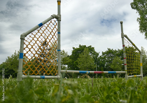 Obstacle for dog jumping during agility. Dog sports. Equipment for dog sports race track. Obstacle in grass. Agility, dog racing, training