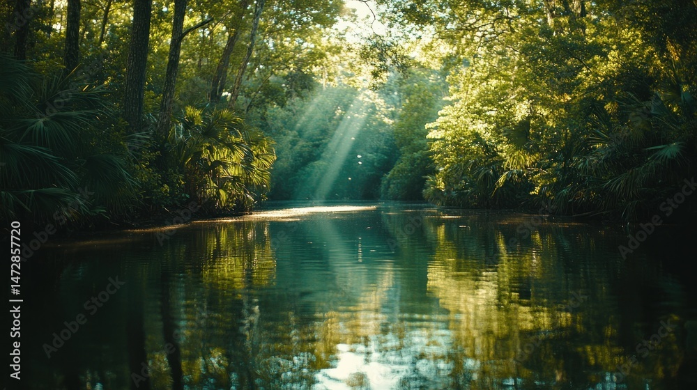 Obraz premium Tranquil river flowing through lush, green forest