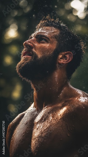 Bearded Man Looking Upward in the Rain Shower Showing Wet Skin and Muscular Build