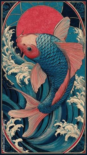 Vibrant koi fish leaping through stylized water.