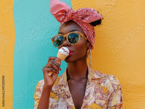 Stylish African Woman Enjoying an Ice Cream Cone Against a Two-Toned Painted Wall
