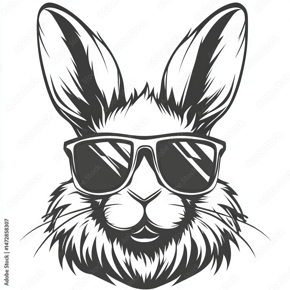 Obraz premium The depiction of a rabbit in a minimalist style includes bold, black outlines, oversized sunglasses, and a cheeky expression