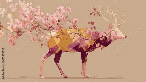   A deer standing beside a tree with pink flowers on its back and a branch with pink flowers on its back