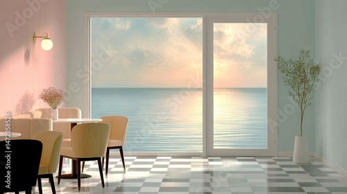  Large window with ocean view in a room with checkered floor and furniture
