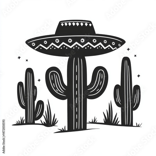 A silhouette colored black showcases a sombrero, a pair of maracas, and a cactus, all emblematic of the culture of Mexico