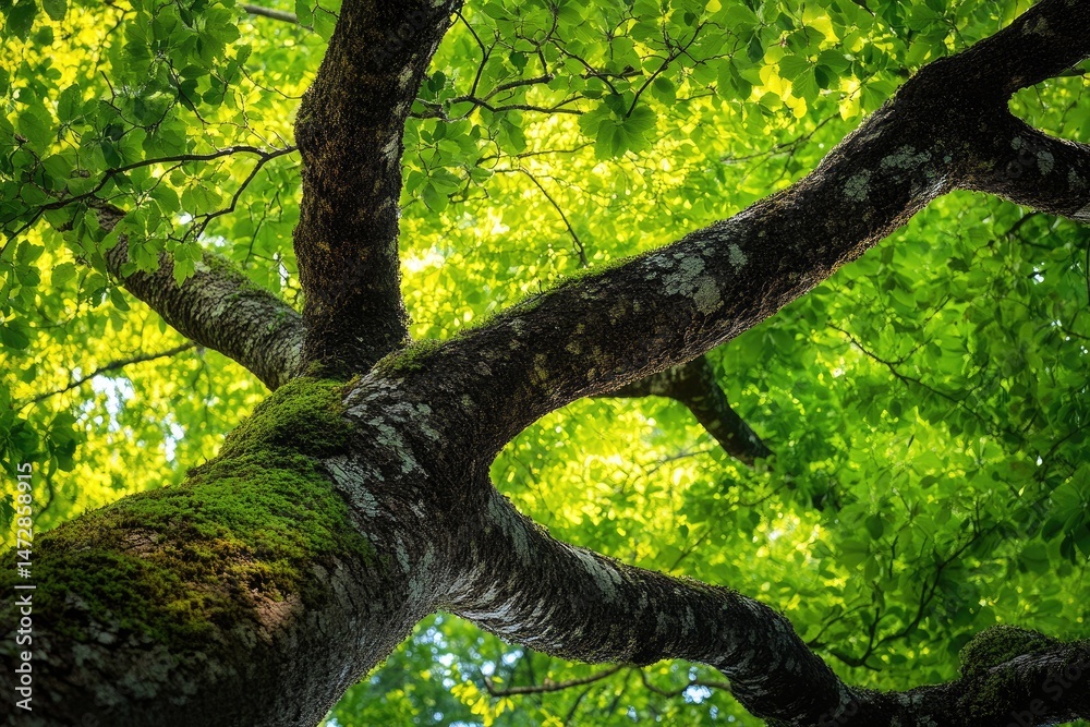 Fototapeta premium Lush canopy, sunlight filtering through leaves