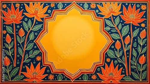 A Hindu festival celebrating the descent of the Ganges river from heaven to earth. Devotees take holy dips in the river and perform rituals. sale banner design free space in the center Madhubani Paint