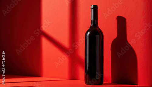 A red wine bottle stands alone against a bold red background, casting a striking shadow on the surface, showcasing the interplay of light and color
