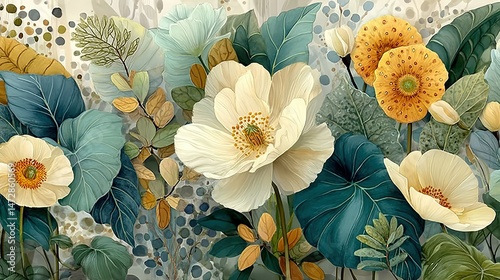  White and yellow flowers against a blue-white background with green leaves and a polka dot pattern