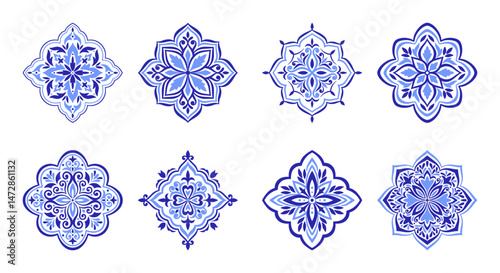 Mediterranean motifs set, blue patterns. Traditional Spanish, Portuguese, Moroccan mosaic designs on a white background. Ethnic floral ornament for ceramic. Vector illustration