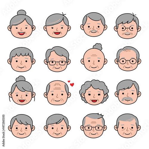 Cartoon faces of elderly people with various expressions and hairstyles  