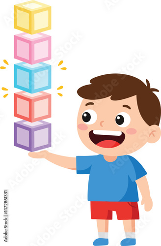 Happy boy balancing colorful pastel blocks in playful stacking activity for children development and fun learning playtime 