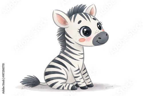 Playful Zebra Cub Illustration: A delightful illustration of an adorable baby zebra, with its characteristic stripes, large innocent eyes, and a playful sitting pose.