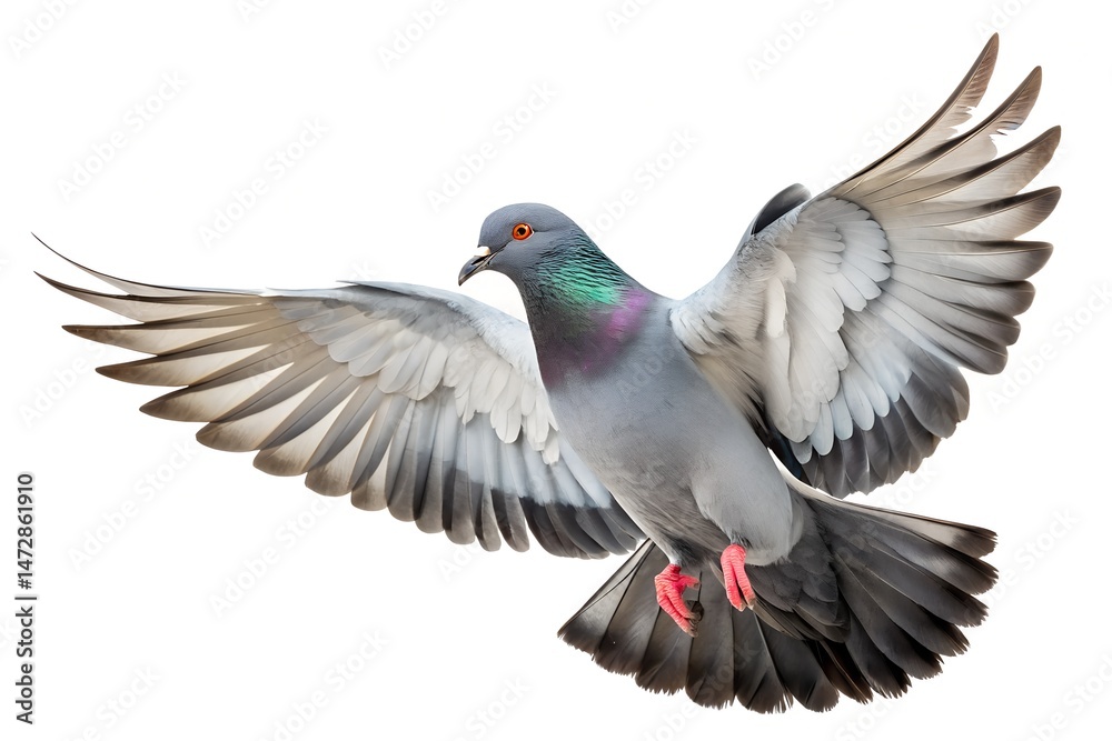 Obraz premium Pigeon in Flight: A majestic rock pigeon takes flight, wings spread wide, showcasing its iridescent feathers and powerful musculature against a clean backdrop.