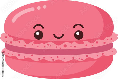 Pink macaron with cute smiling face kawaii dessert illustration vector for bakery or sweets design 