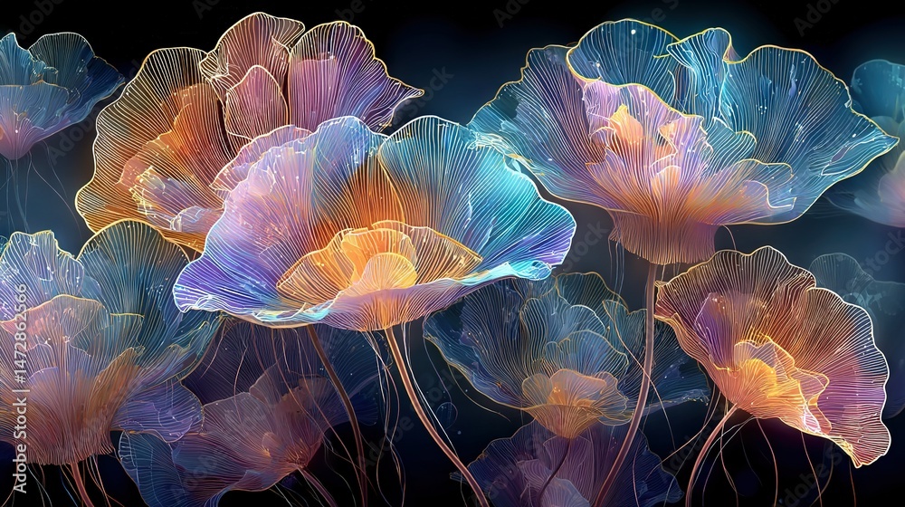 Obraz premium A close-up of a bouquet of pink and blue flowers against a dark background