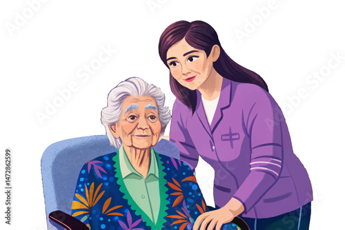 Caring female caregiver assisting elderly woman at white isolated background, showing support vector, compassion, and senior care
