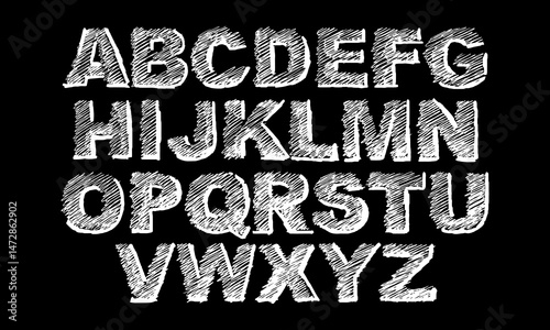 Hand drawn English alphabet letters with rough shading and shadows. Doodles and squiggles. Vector set
